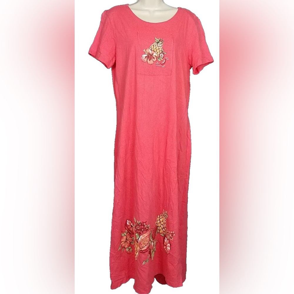 Vintage Bobbie Brooks Long Maxi Dress Pineapple Coral Cotton Size LARGE Vacay